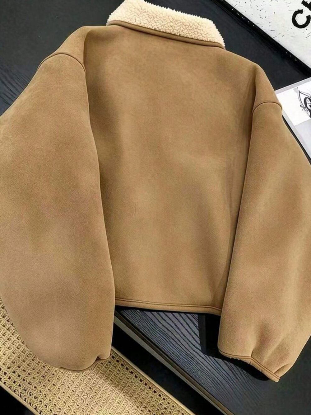 Khaki Casual Women's Oversized Drop Shoulder Zipper Faux Suede Fleece Jacket - Picture 2 of 7